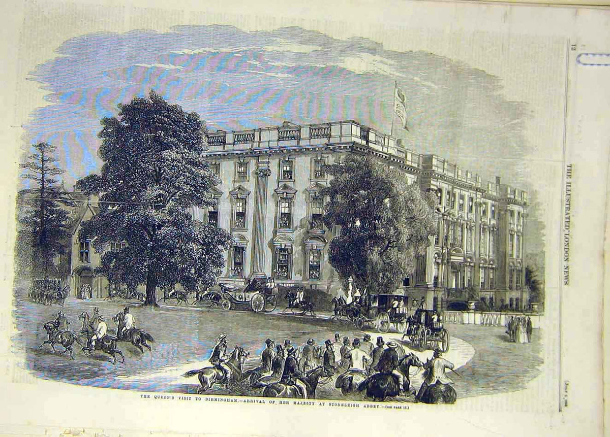 Original Old Antique Print 1858 Queen Visit Birmingham Stoneleigh Abbey Building