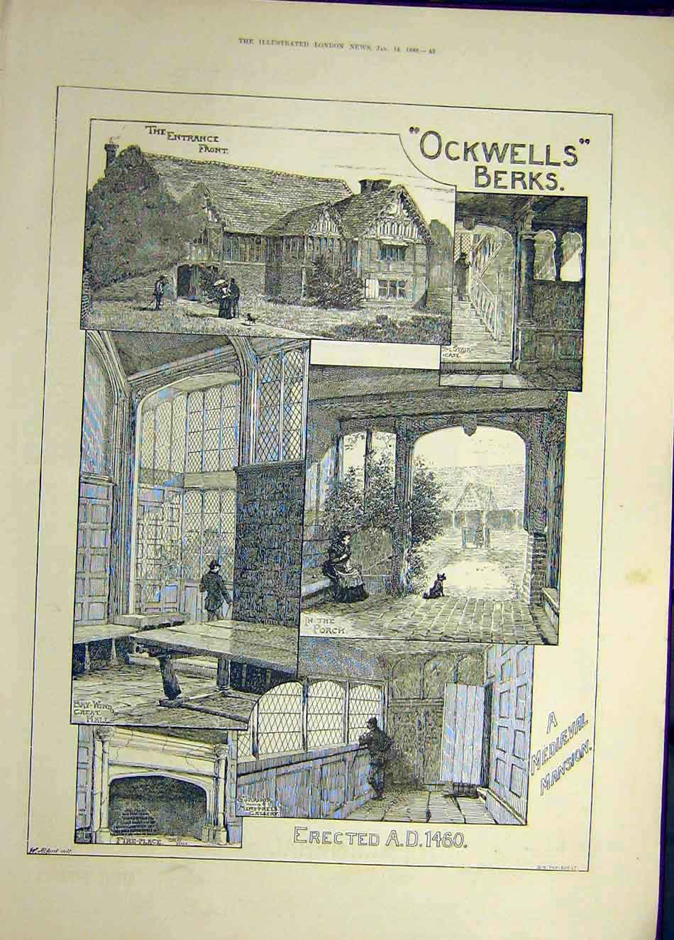 Original Old Antique Print 1888 Ockwells Berks Mediaeval Mansion Building 19th