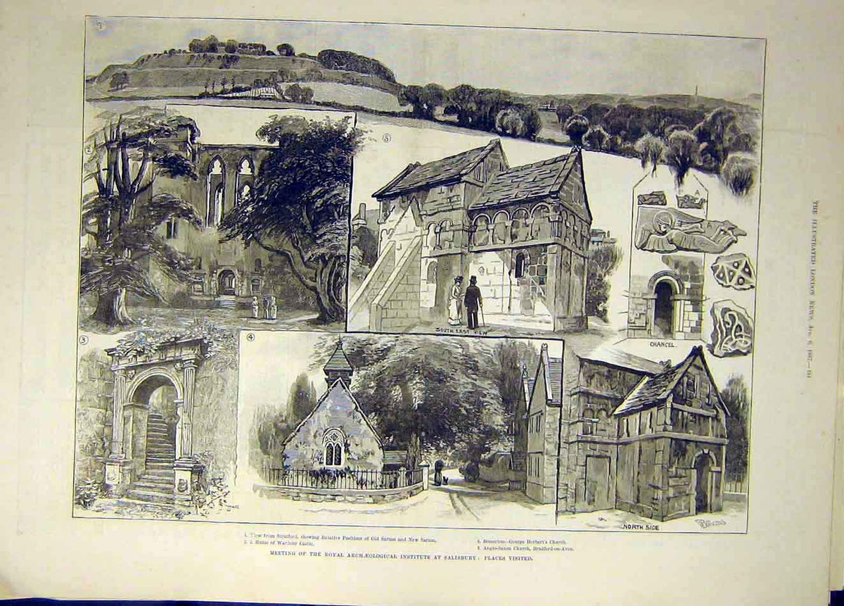 Original Old Antique Print 1887 Salisbury Church Archaeological Society Wardour