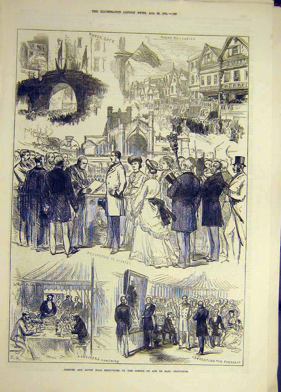 Original Old Antique Print 1874 Chester Eaton Hall Festivities Earl Grosvenor