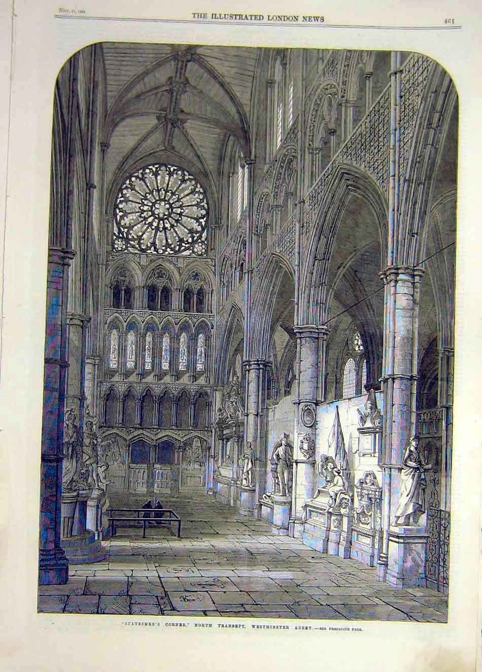 Original Old Antique Print 1865 Statesmen'S Corner Westminster Abbey Building