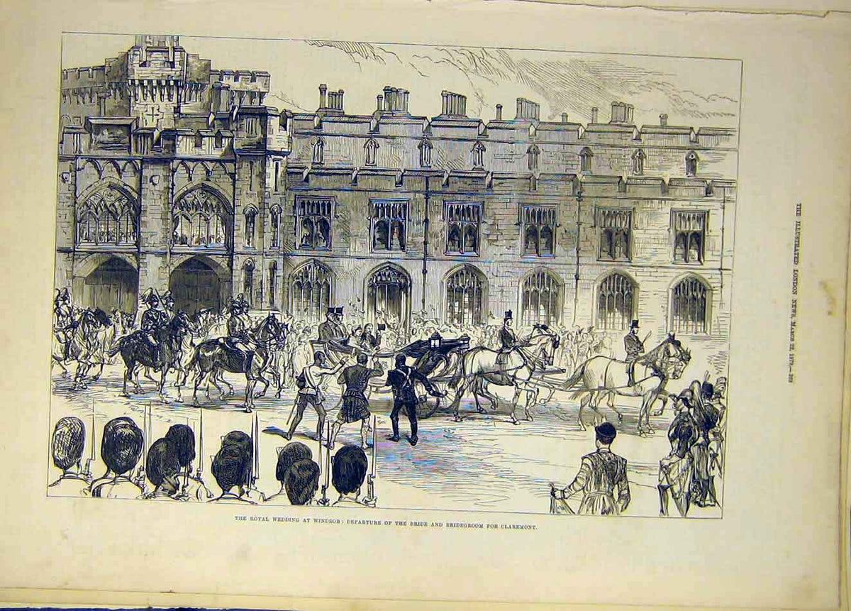 Original Old Antique Print 1879 Wedding Duke Connaught Claremont Bride Groom