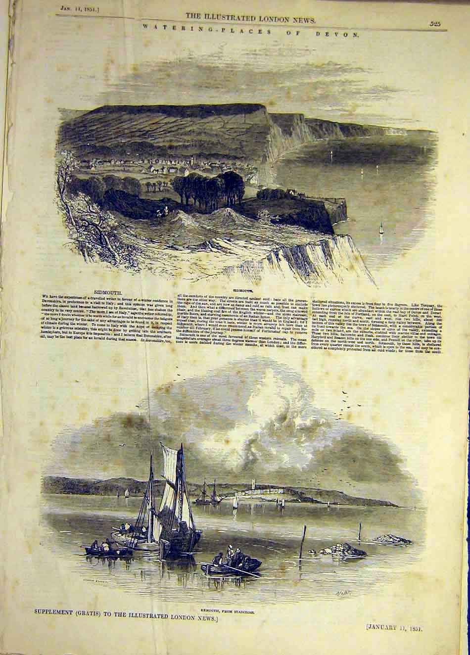 Original Old Antique Print 1851 Watering-Places Sidmouth Devon Exmouth Victorian