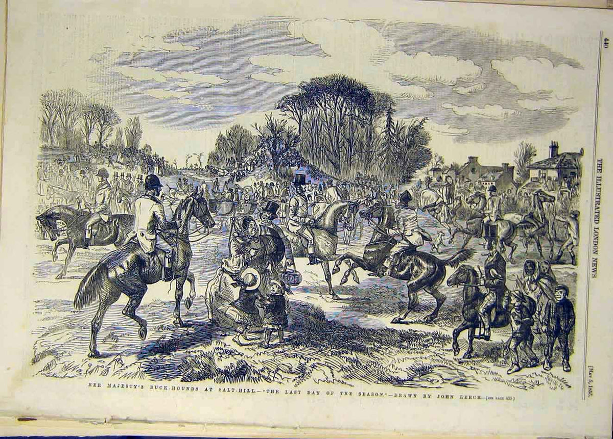 Original Old Antique Print 1855 Buck-Hounds Salt-Hill Leech Sketch Hunt 19th