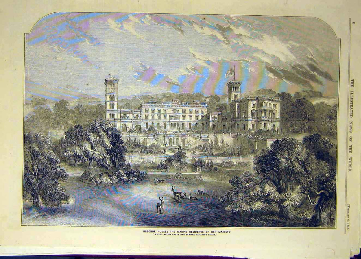 Original Old Antique Print 1858 Osborne House Marine Residence Building 19th
