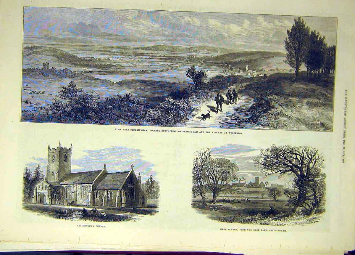 Original Old Antique Print 1871 Sandringham Church Deer Park Railway Wolferton