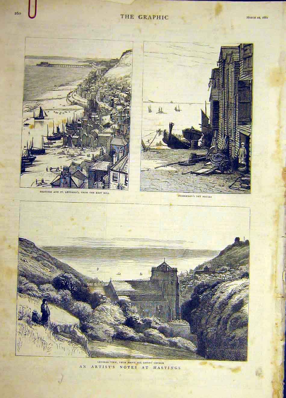 Old Antique Print 1881 Hastings St Leonard'S Fishermen All Saint'S Church 19th