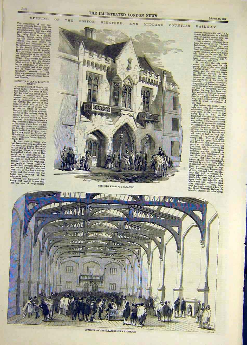 Original Old Antique Print 1859 Seaford Corn Exchange Building Boston Railway