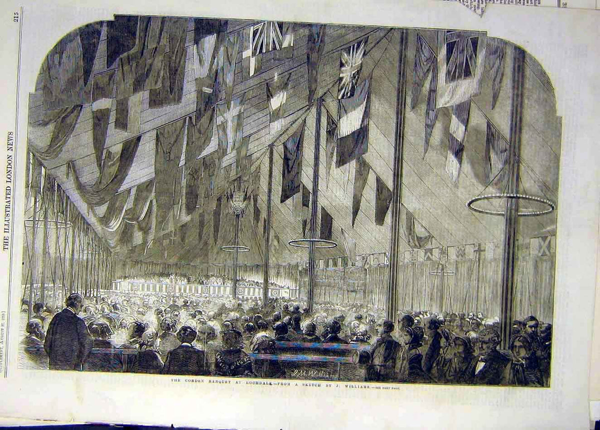 Original Old Antique Print 1859 Cobden Banquet Rochdale Sketch Williams 19th