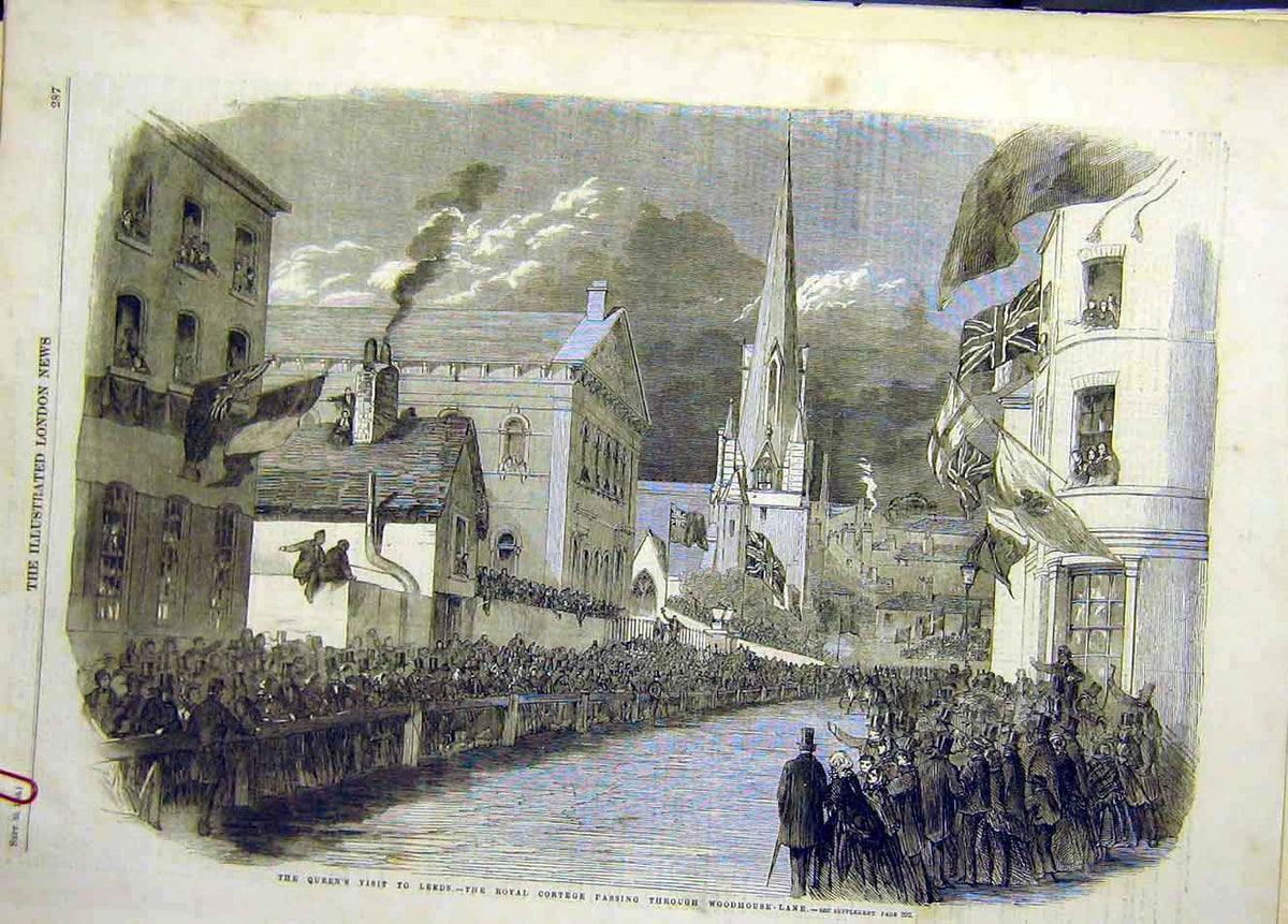 Original Old Antique Print 1858 Queen Leeds Royal Cortege Woodhouse Lane 19th