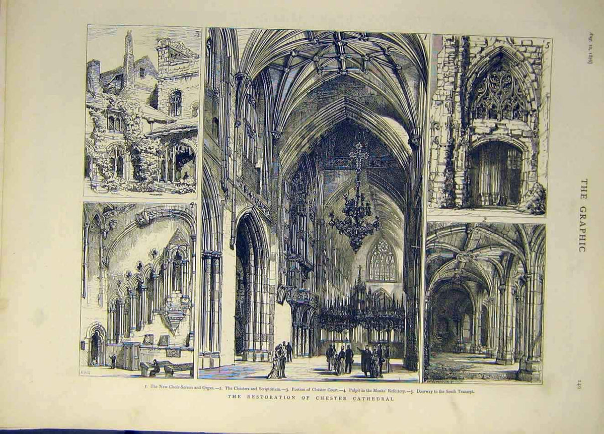 Original Old Antique Print 1876 Chester Cathedral Restoration Building Cloister