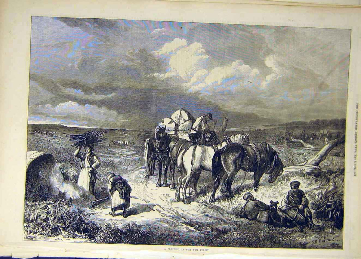 Original Old Antique Print 1871 New-Forest Clearing Horses Goddard People 19th