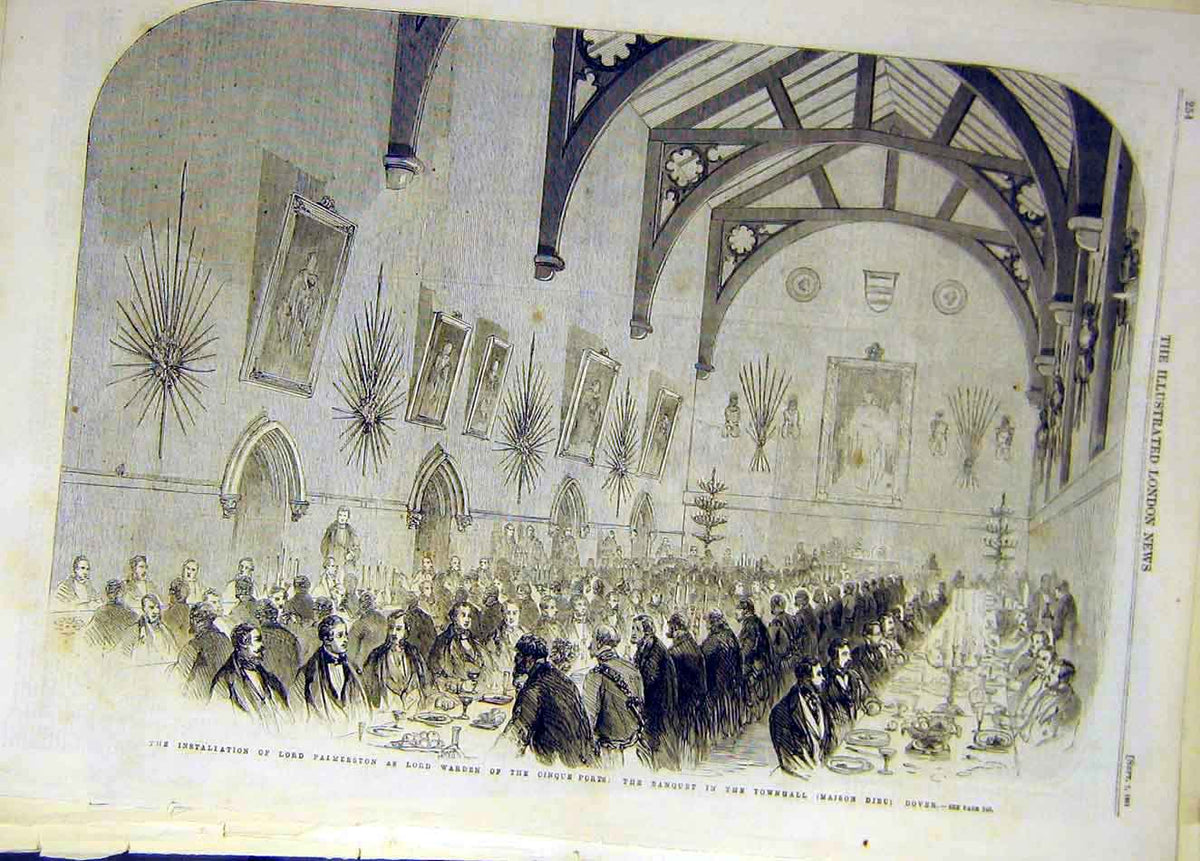 Old Antique Print 1861 Palmerston Lord-Warden Cinque Ports Banquet Dover 19th