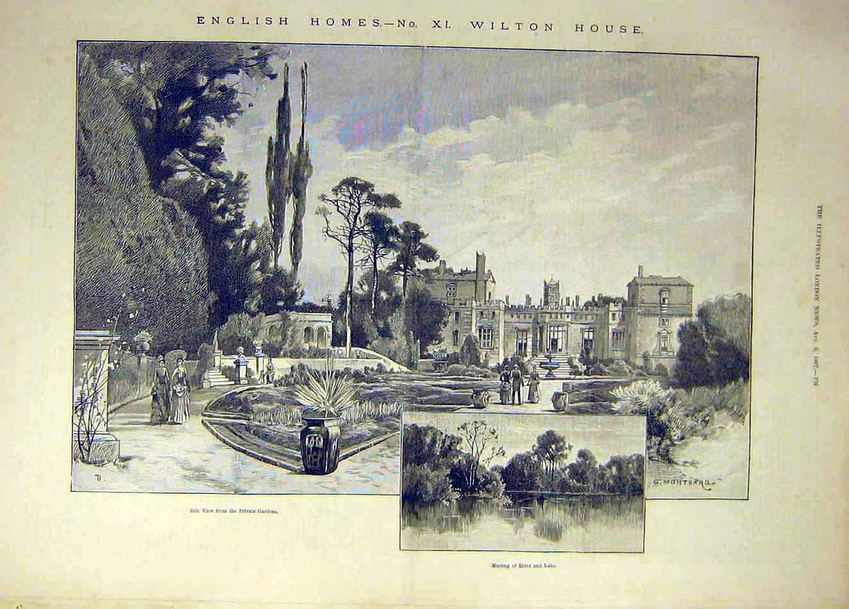 Original Old Antique Print 1887 Montbard English Homes Wilton House Lake Garden