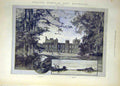 Original Old Antique Print 1890 Montbard English Homes Knowsley Building Lake