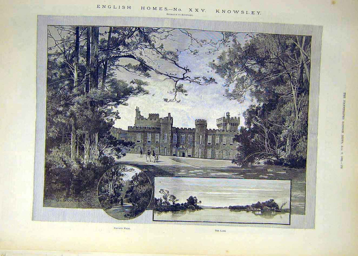 Original Old Antique Print 1890 Montbard English Homes Knowsley Building Lake