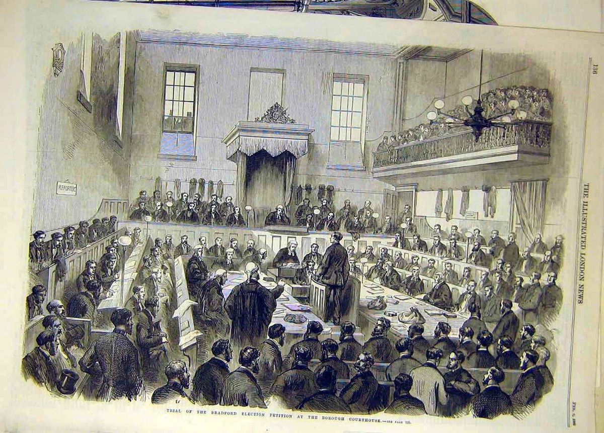 Original Old Antique Print 1869 Bradford Election Petition Borough Courthouse