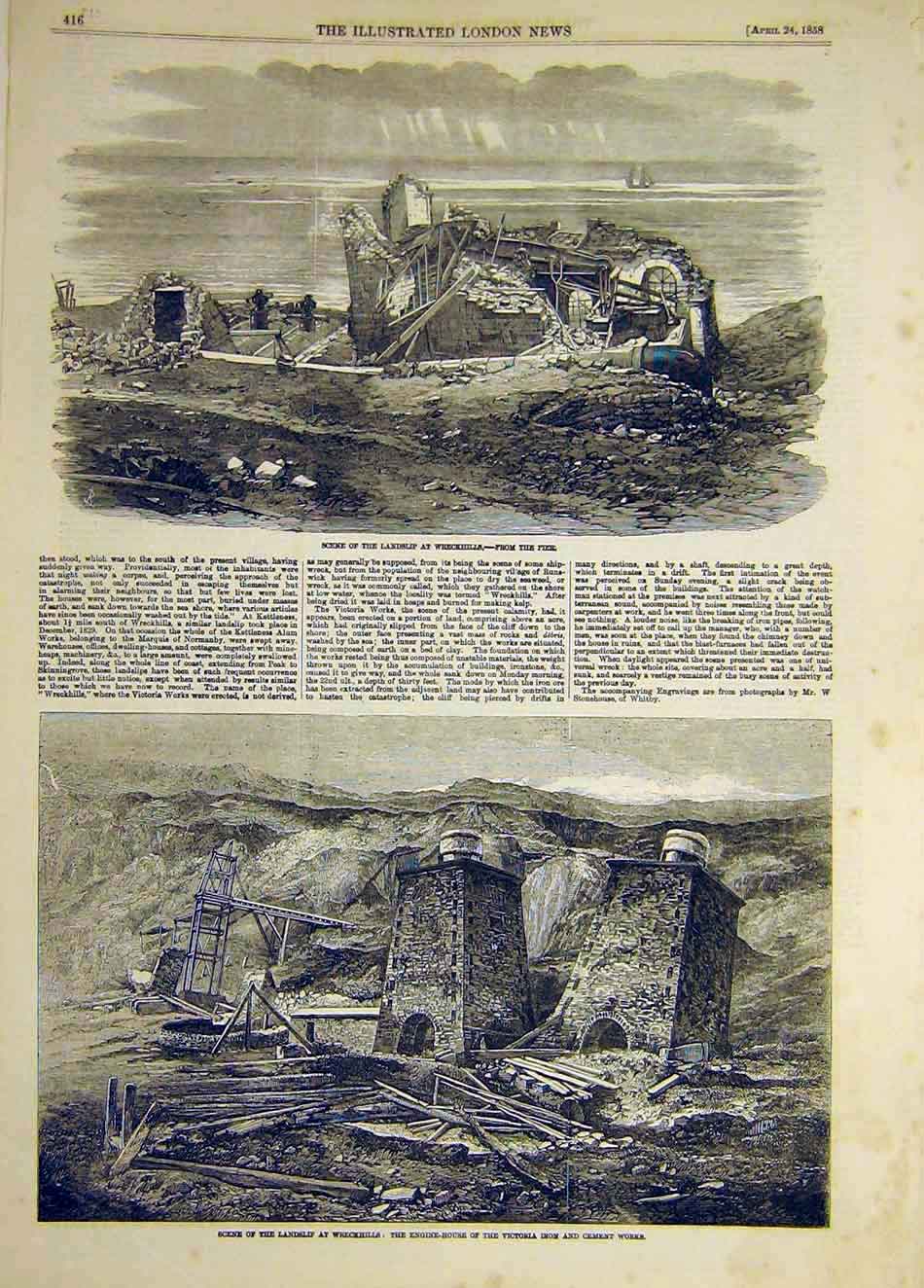 Original Old Antique Print 1858 Wreckhills Landslip Engine-House Victoria Works