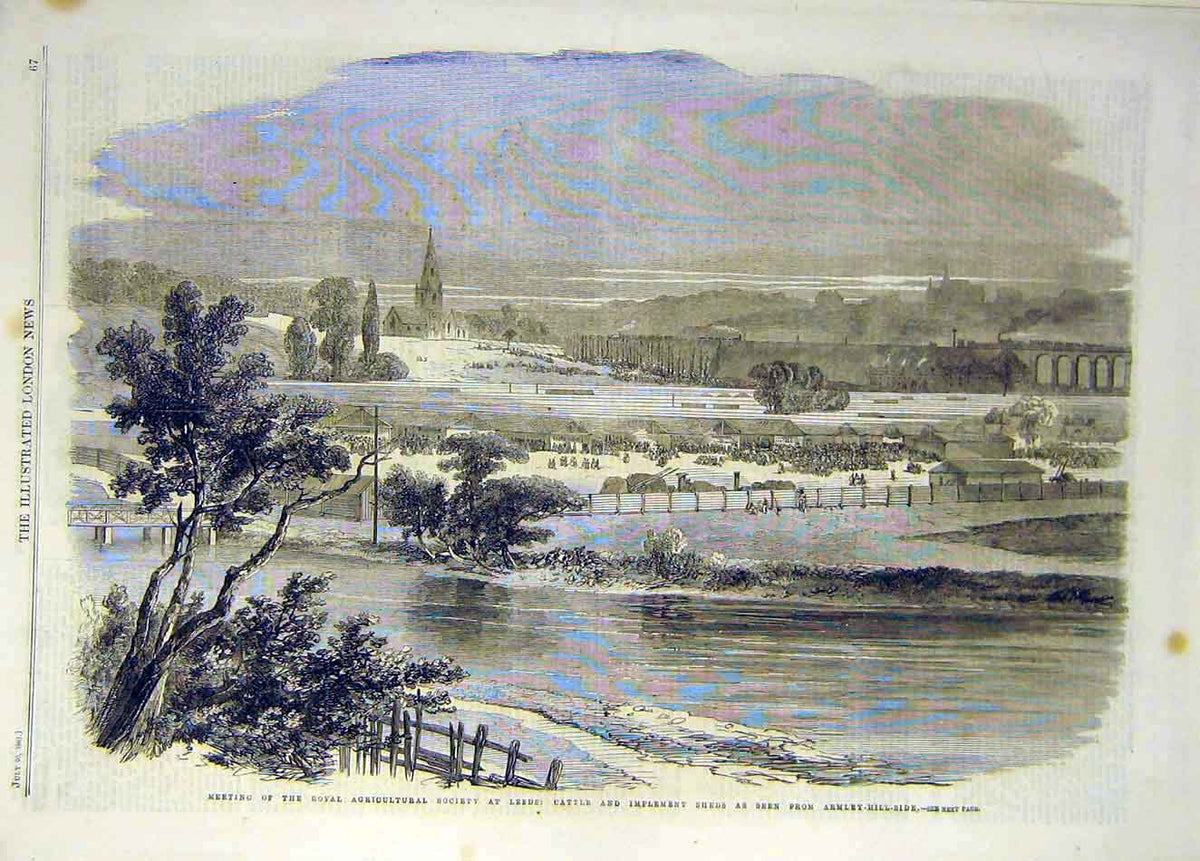 Original Old Antique Print 1861 Leeds Cattle Implement Sheds Armley-Hillside