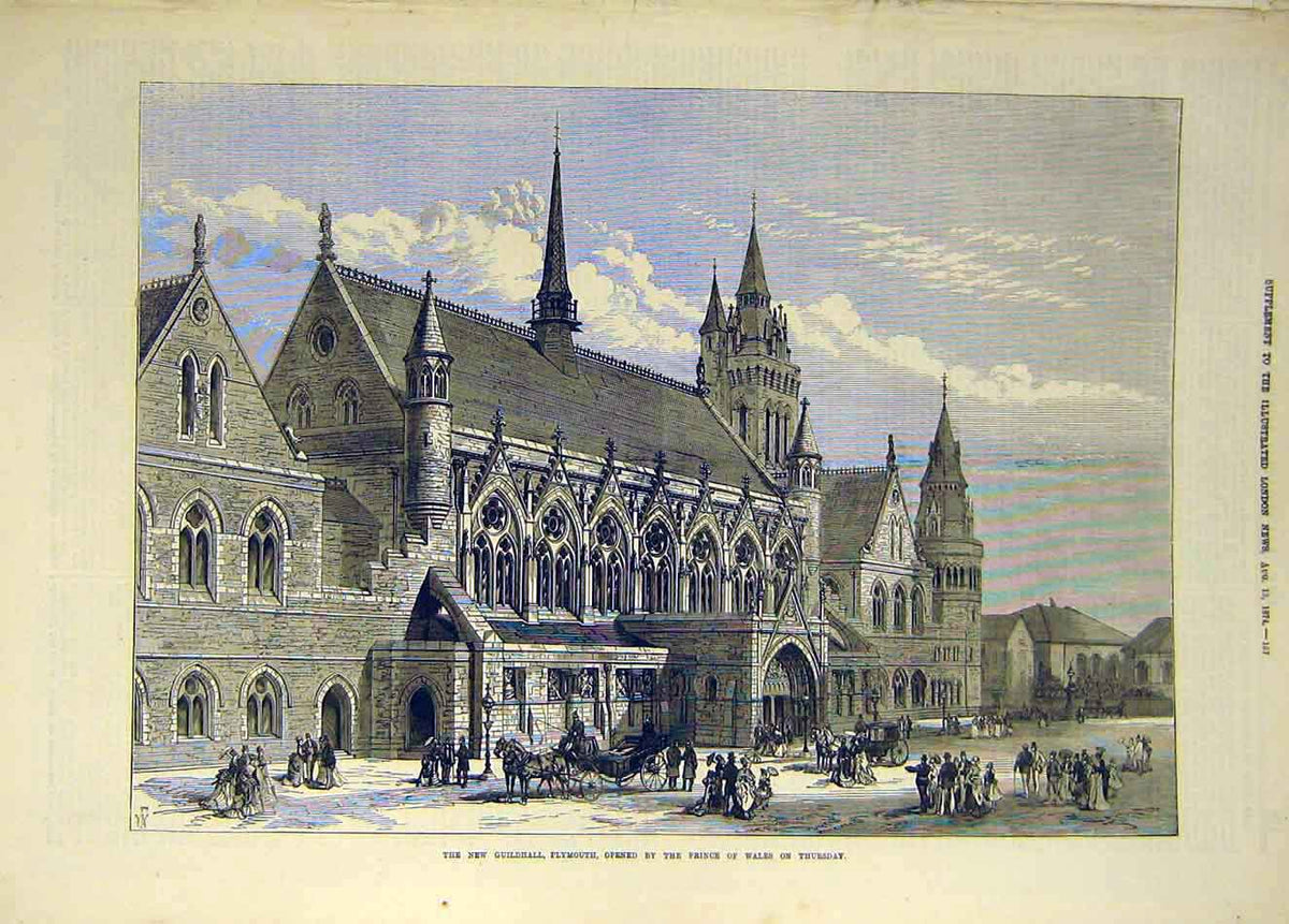 Original Old Antique Print 1874 Guildhall Plymouth Prince Wales Building 19th