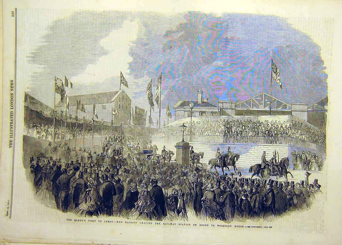 Original Old Antique Print 1858 Queen Visit Leeds Railway Station Woodsley House