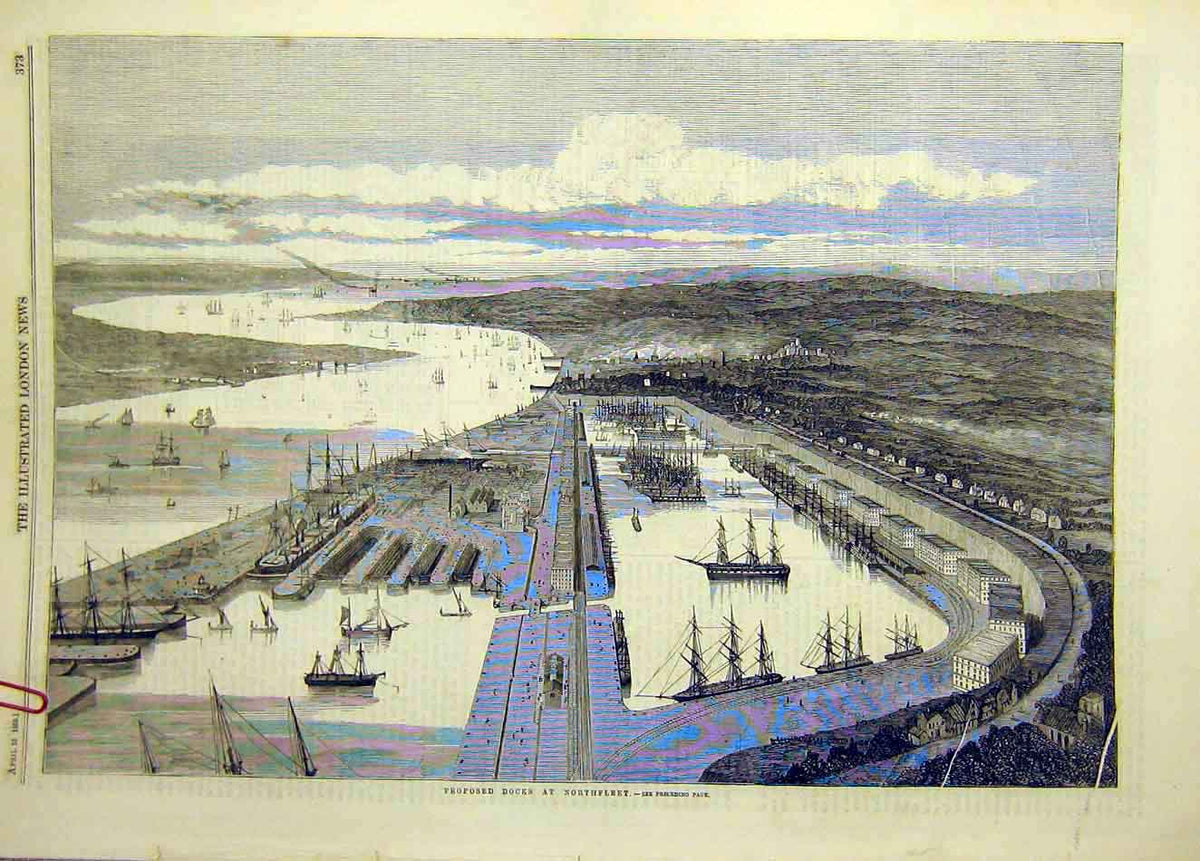 Original Old Antique Print 1859 Proposed Docks Northfleet Ships Harbour Sketch