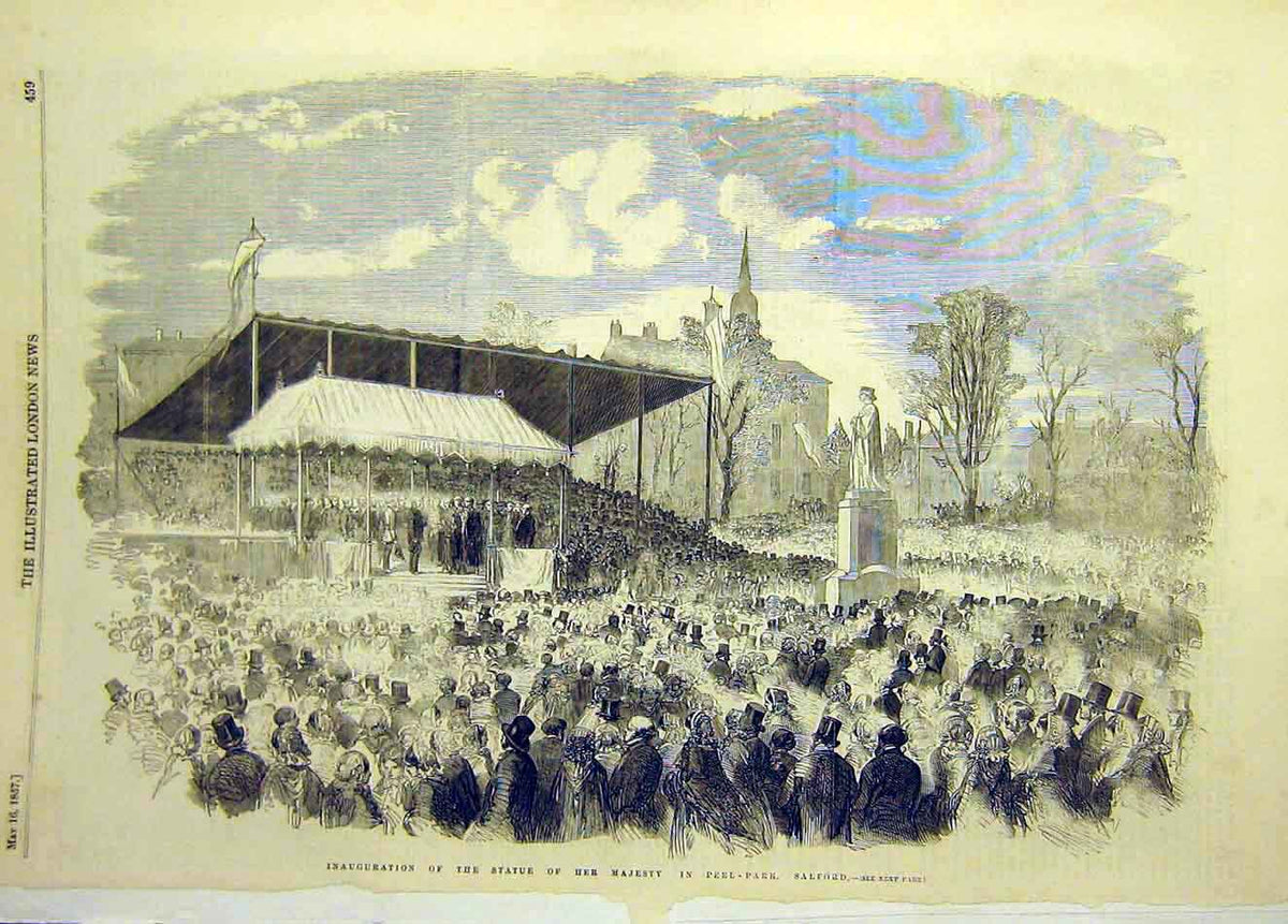 Original Old Antique Print 1857 Statue Queen Peel-Park Salford Inauguration 19th