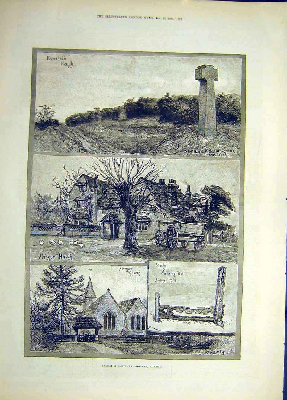 Original Old Antique Print 1885 Rambling Sketches Abinger Surrey Building Church