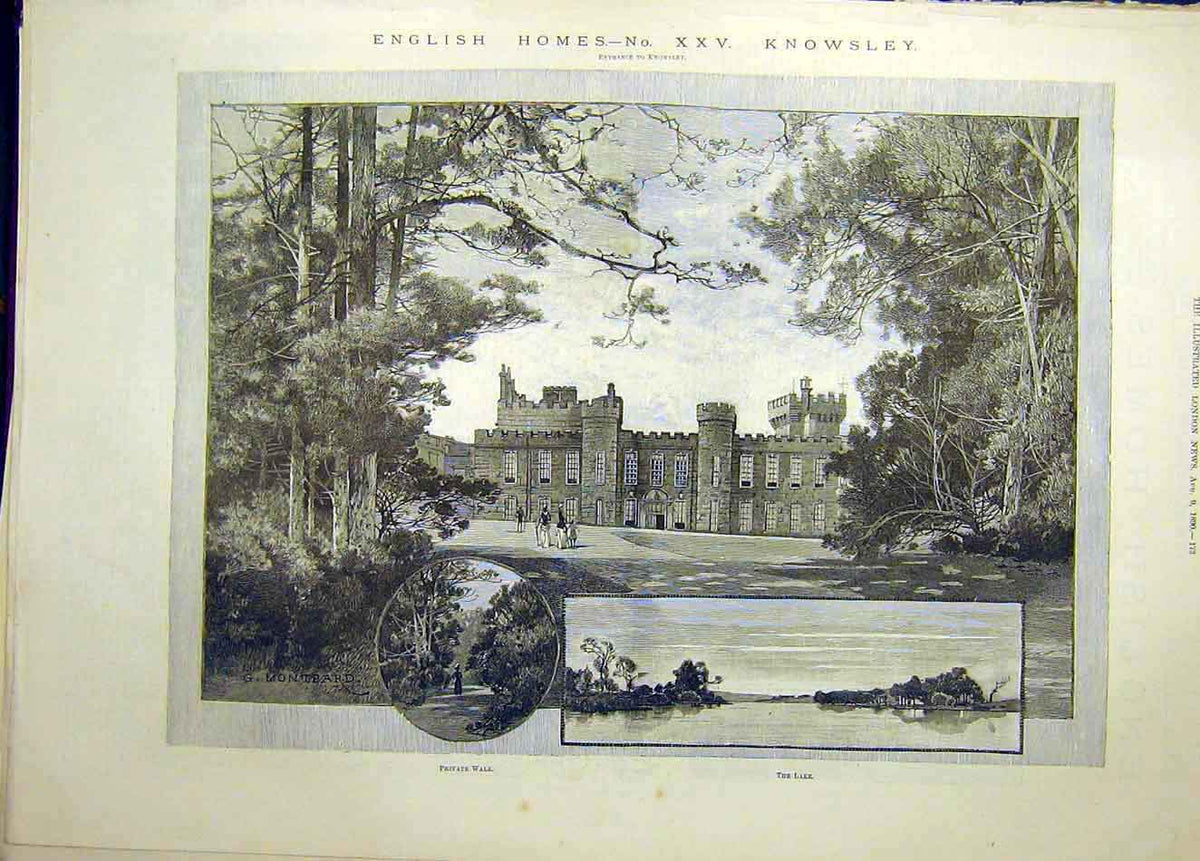Original Old Antique Print 1890 Knowsley English Homes Building 19th