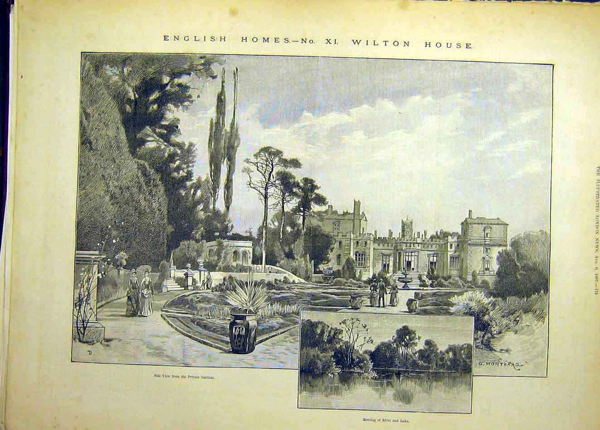 Original Old Antique Print 1887 Montbard English Homes Wilton House Garden Lake