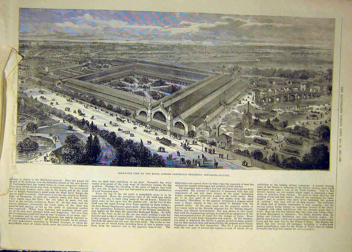 Original Old Antique Print 1887 Newcstle-On-Tyne View Royal Jubilee Buildings