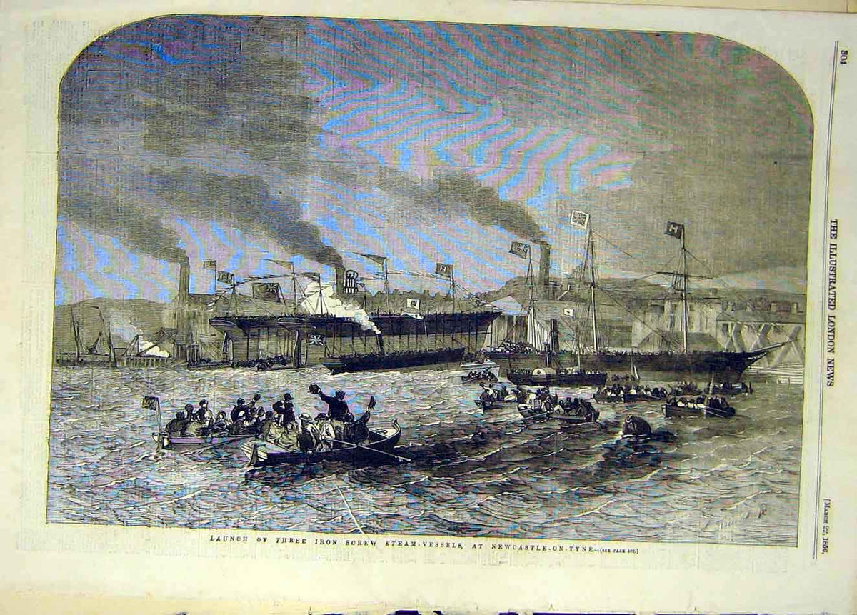 Old Antique Print 1856 Launch Iron-Screww Steam-Vessel Newcastle-On-Tyne 19th