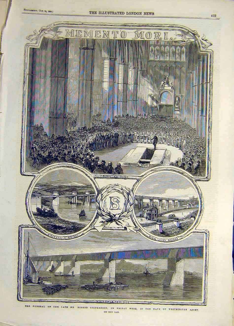 Original Old Antique Print 1859 Funeral Stephenson Nave Westminster Abbey 19th