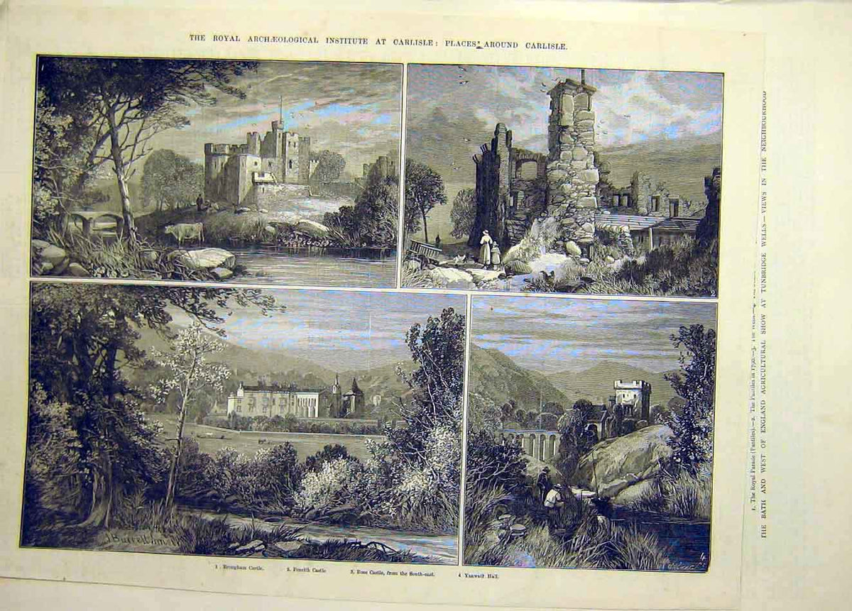 Original Old Antique Print Carlisle Archaeological Penrith Rose Castle Brougham