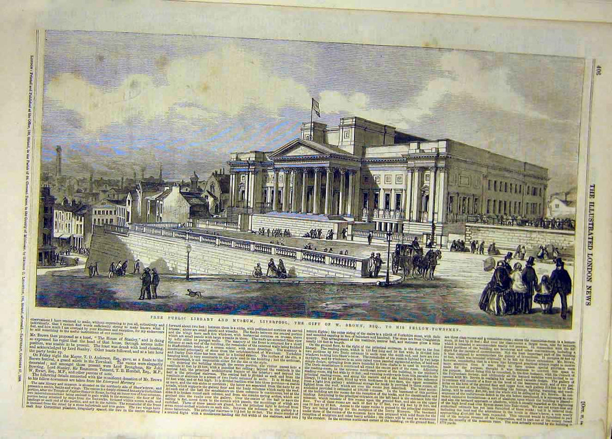 Original Old Antique Print 1860 Free-Public Library Museum Liverpool Brown 19th