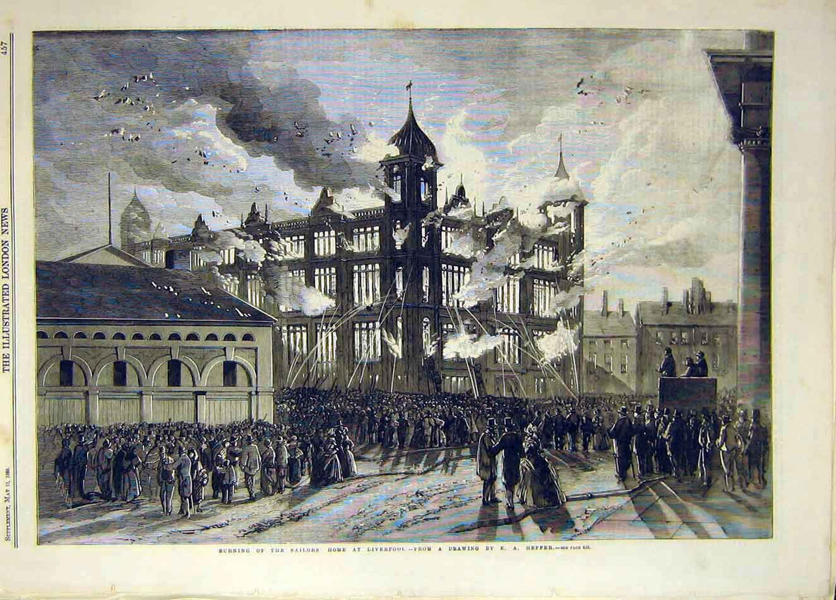 Original Old Antique Print 1860 Sailors Home Fire Liverpool Heffer Building 19th