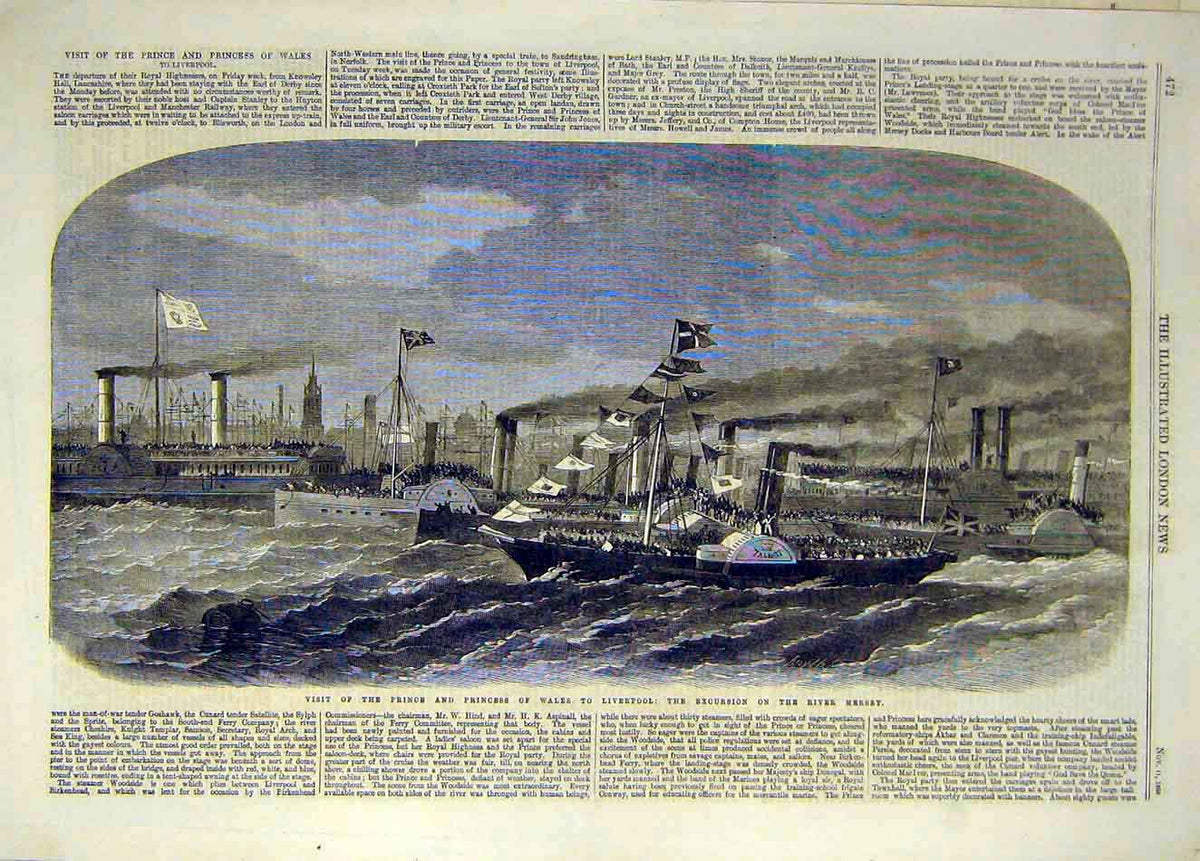 Original Old Antique Print 1865 Prince Princess Wales Liverpool River Mersey