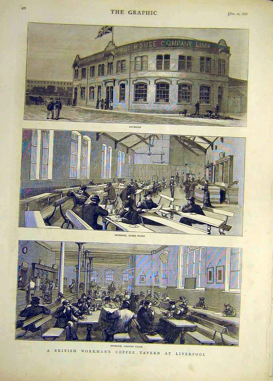 Original Old Antique Print 1878 British Workman'S Coffee Tavern Liverpool 19th
