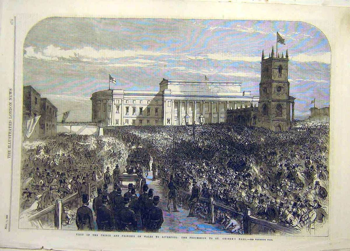 Original Old Antique Print 1868 Prince Princess Wales Liverpool Procession 19th