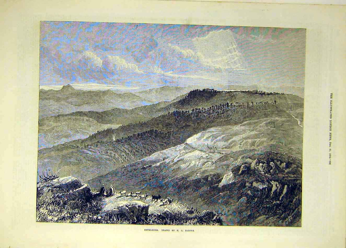 Original Old Antique Print 1872 Bethlehem Harper View Hills 19th