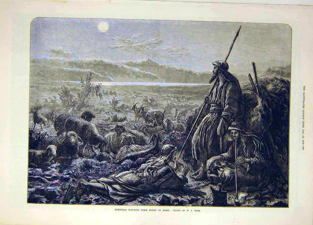 Original Old Antique Print 1872 Shepherds Flocks Night Webb Fine Art Victorian