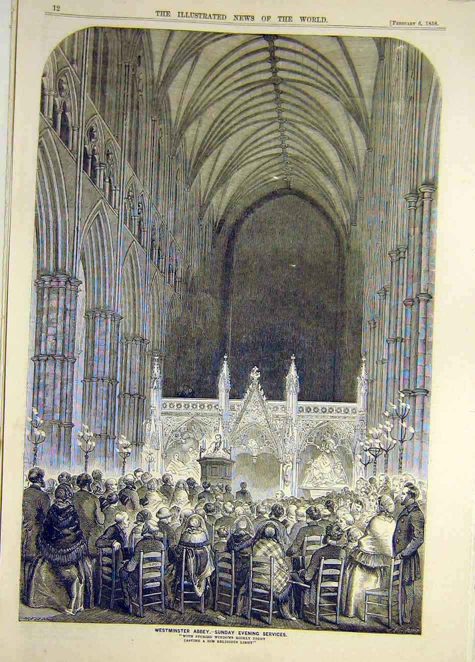 Original Old Antique Print 1858 Westminster Abbey Sunday-Evening Service 19th