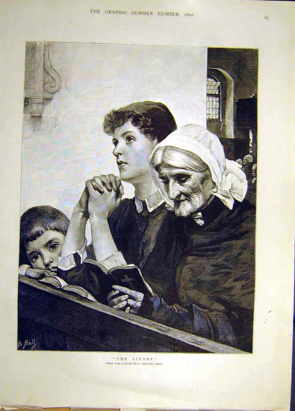 Original Old Antique Print 1890 Litany Religious Hall Church Prayer Victorian