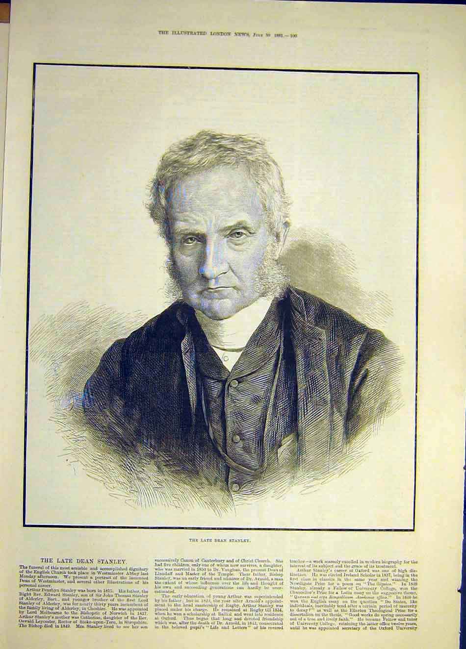 Original Old Antique Print 1881 Portrait Dean Stanley Westminster 19th
