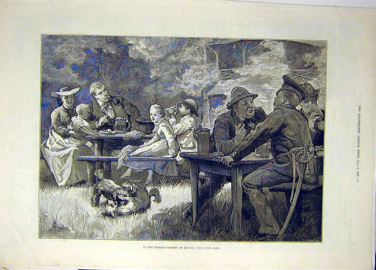 Original Old Antique Print 1881 English Garden Munich Picnic People Victorian