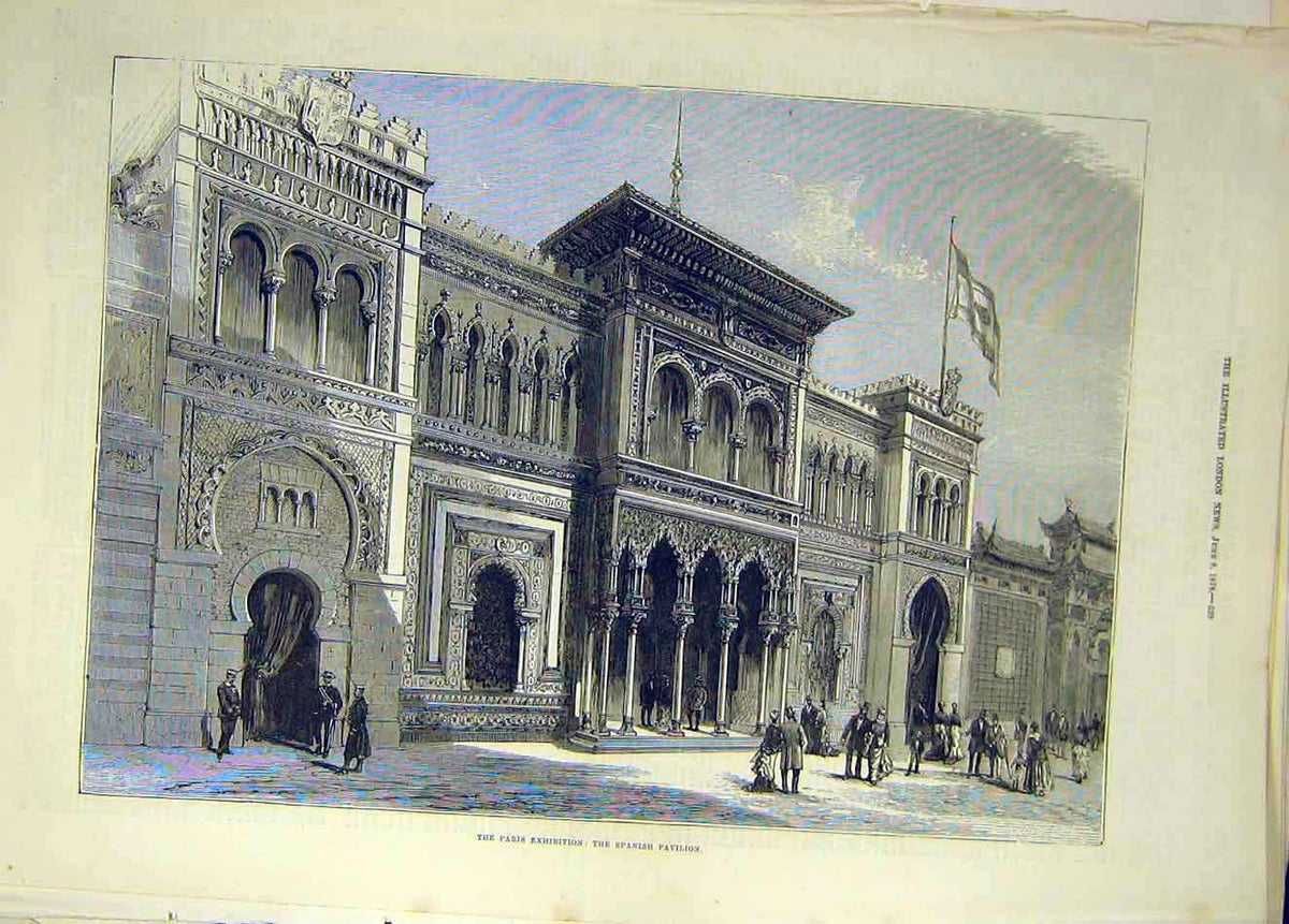 Original Old Antique Print 1878 Paris Exhibition Spanish Pavilion Building 19th