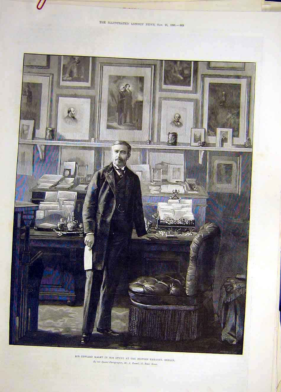 Original Old Antique Print 1893 Portrait Malet Study Embassy Berlin Victorian