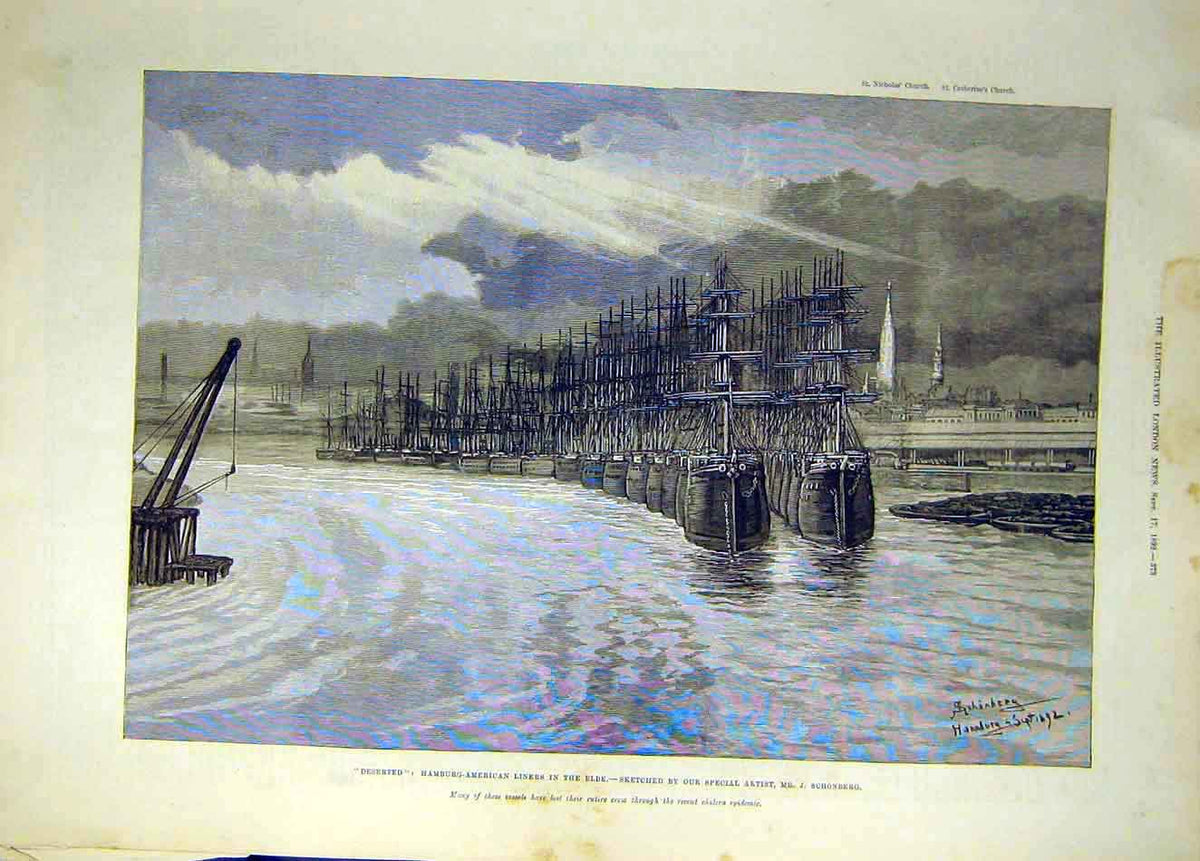 Original Old Antique Print 1892 Deserted Schonberg Hamburg-American Liner Elbe