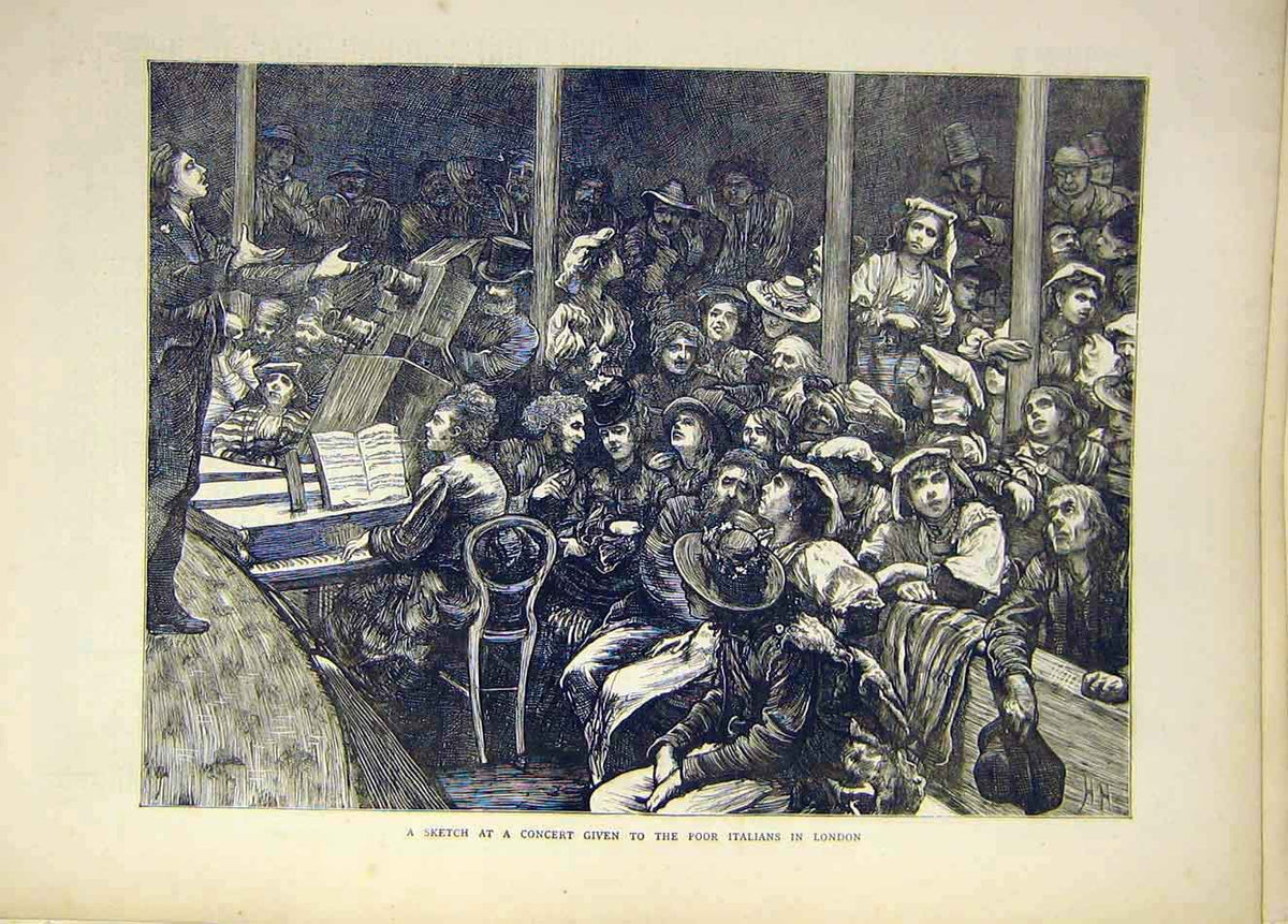 Original Old Antique Print 1871 Sketch Concert Poor Italians London Music 19th