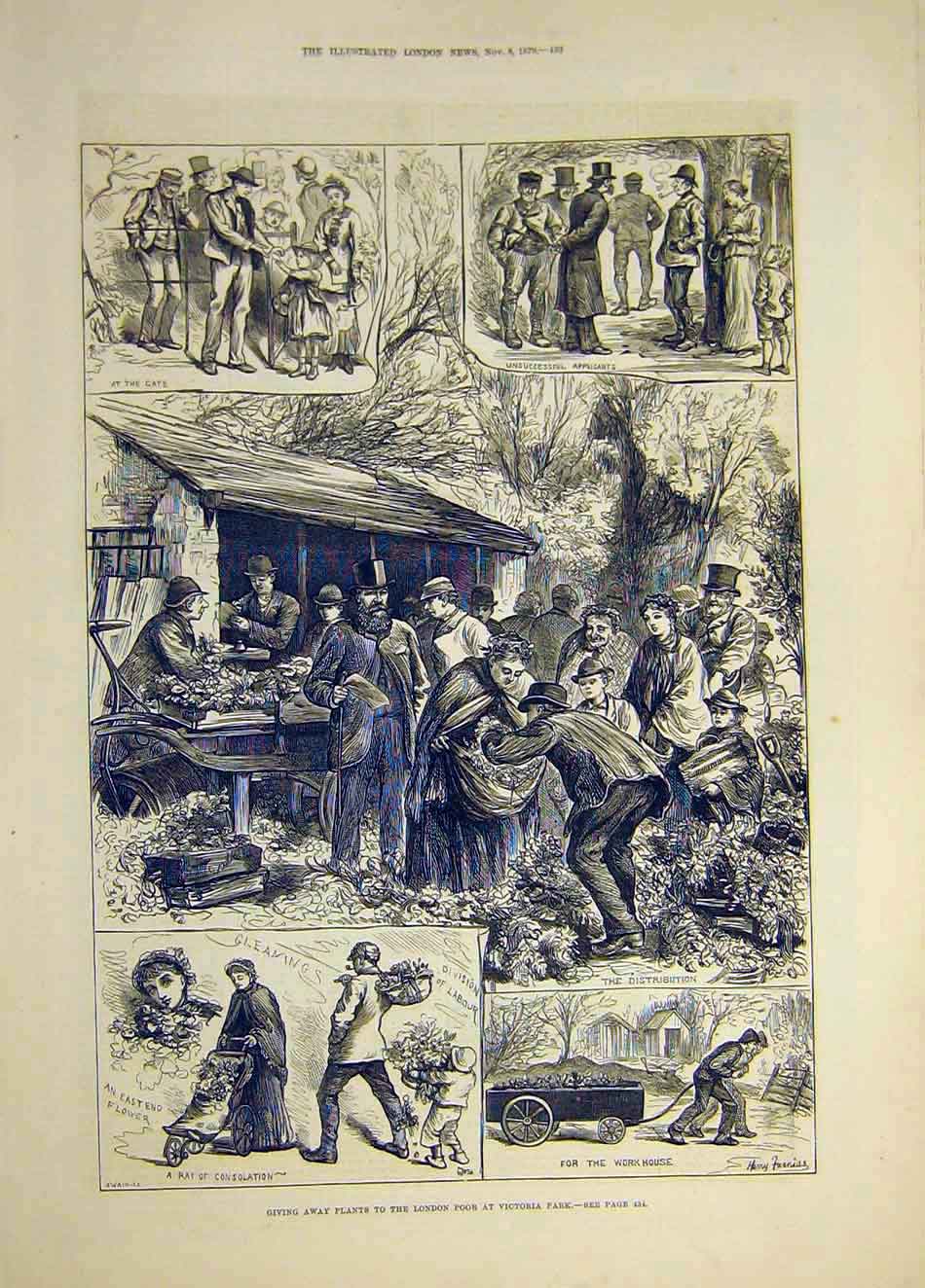 Original Old Antique Print 1879 Plants London Poor Victoria Park Sketches 19th